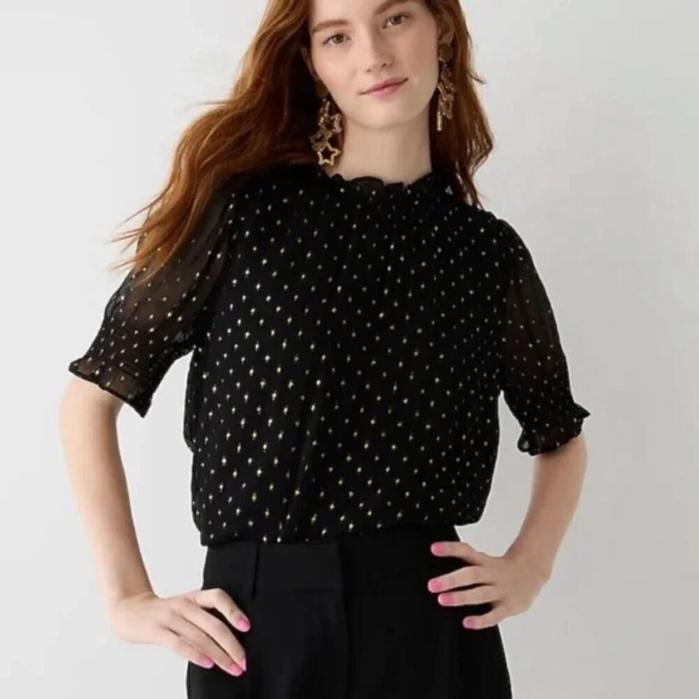 J. CREW Black Gold Metallic Smocked Puff Sleeve Boxy Blouse Shirt Size XXS
